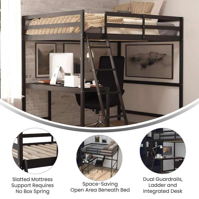 Traditional Wood Slat Loft Bed with Integrated Desk & Ladder