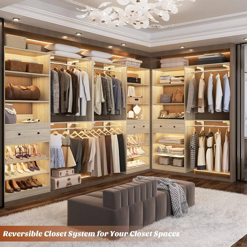 5FT Closet System with 2 Hanging Rods and Wooden Drawer, Walk-in Closet Organizer with 2 Wing Shelve and Adjustable Rack Shelves