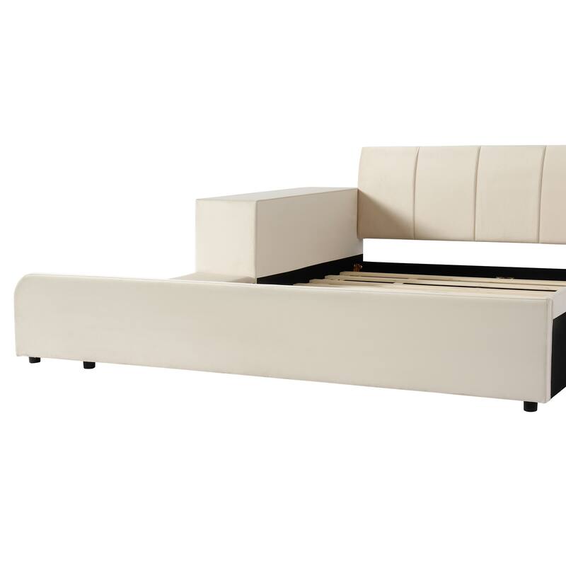 Queen/Full Mother & Child Bed with Bedside Desk, Velvet Upholstery & Round Stool