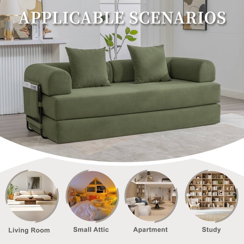 Foldable Modular Couch Sleeper Loveseat Sofa Bed with Storage Side Pocket, Detachable Metal Frame and Corduroy Fabric Cover