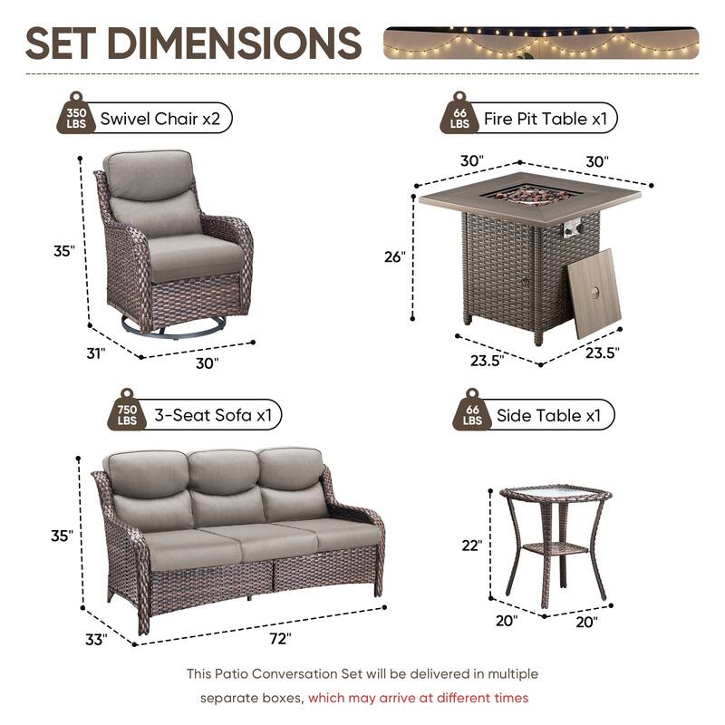 Pocassy Outdoor Propane Fire Table with Sofa Swivel Chair Table Funiture Set.