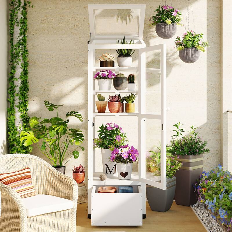 62.4"H Wood Garden Greenhouse w/ Movable Storage,Adjustable Shelves - Portable