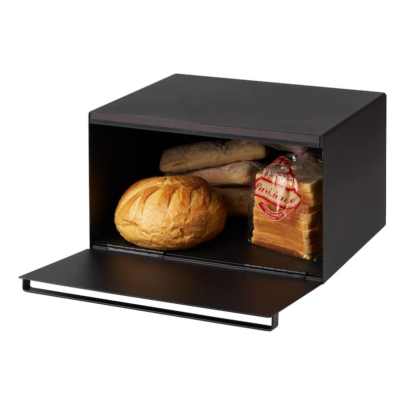 Yamazaki Home Bread Box - Two Styles, Steel, Horizontal, Holds 22.2 lbs - L 13.58 x W 15.75 x H 9.45 inches - Black