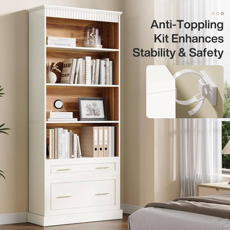 72" Tall White 5-shelf Bookcase Bookshelf with 2 Drawers