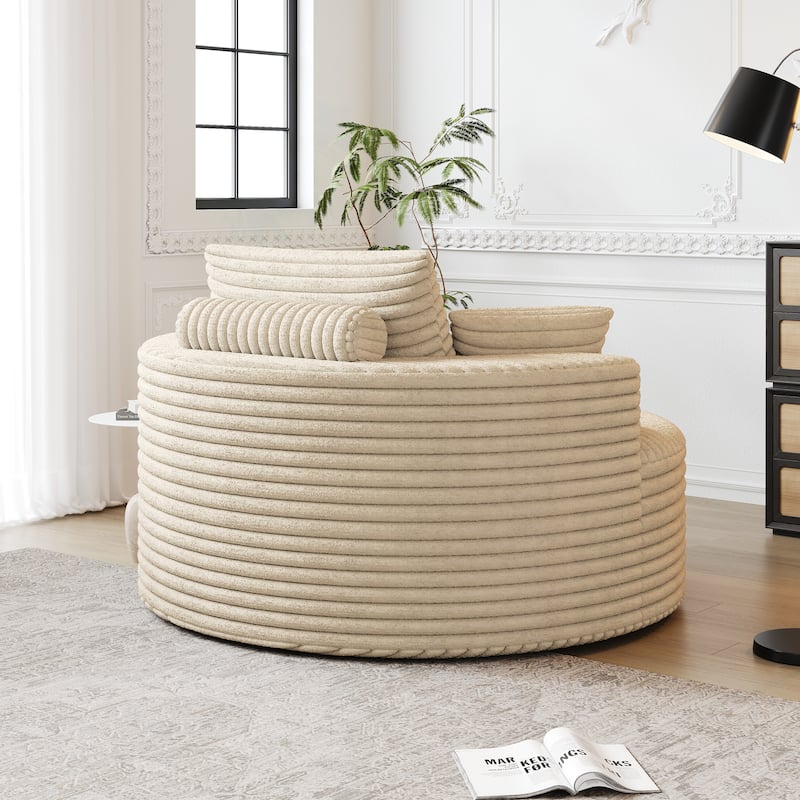 Corduroy Upholstered Single Sofa, Oversized Fluffy Sleeper Chair, Round Reading Chair with Headrest & 2 Pillow