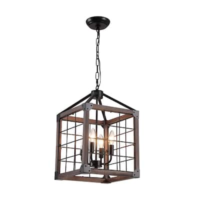 4 - Light Square/Rectangle Chandelier with Wood and Accents