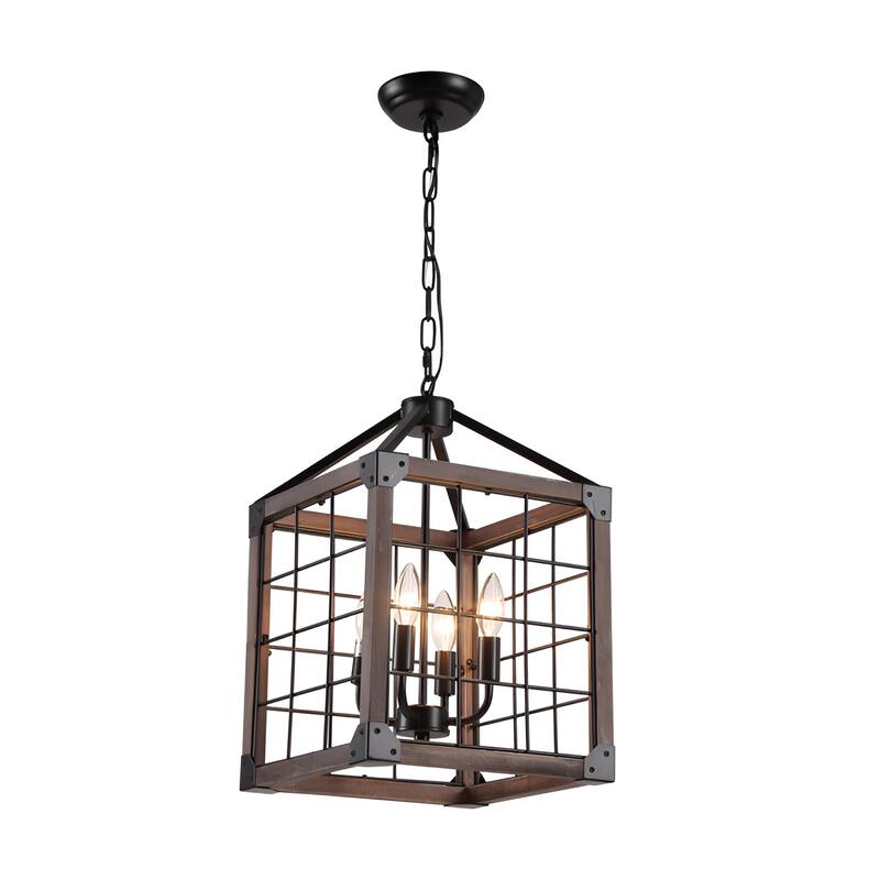 4 - Light Square/Rectangle Chandelier with Wood and Accents