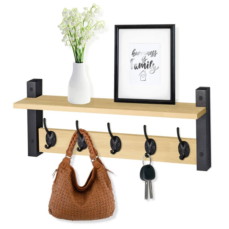 Sorbus Coat Hooks Wall Mount Floating Shelf with 5 Heavy Duty Hooks, Large and Extra Large