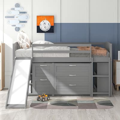 Twin Size Loft Bed with Cabinets, Shelves and Slide, Gray