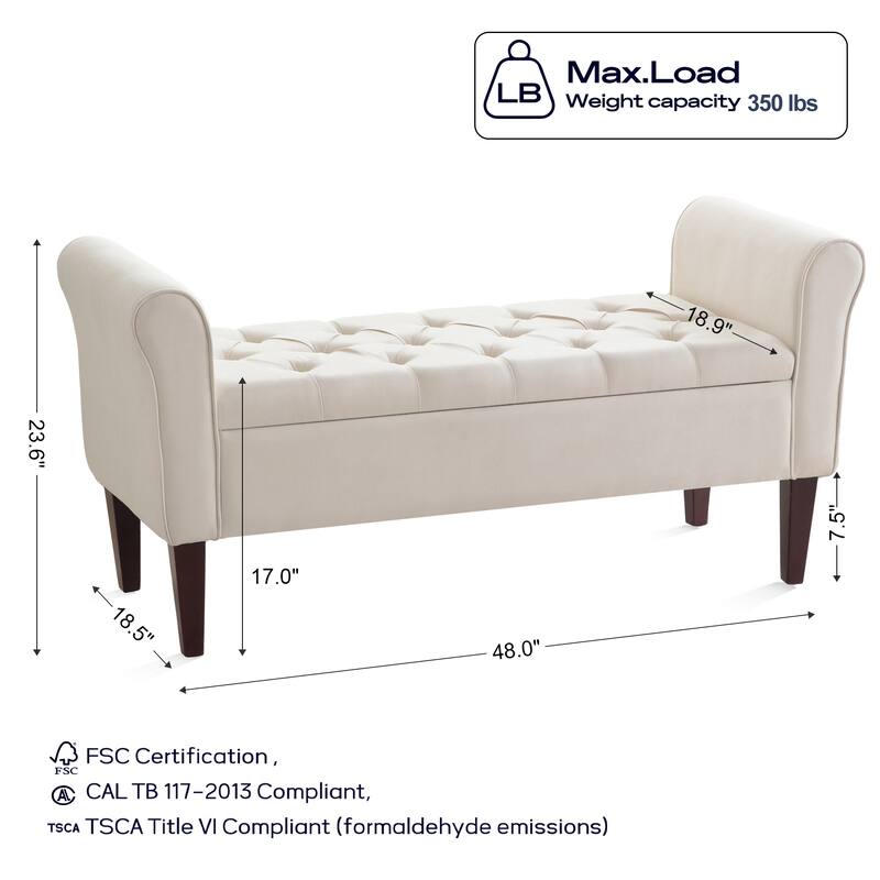 Arm Fabric Storage Ottoman Bench with Solid Wood Legs, 48"W x 18"D x 23"H