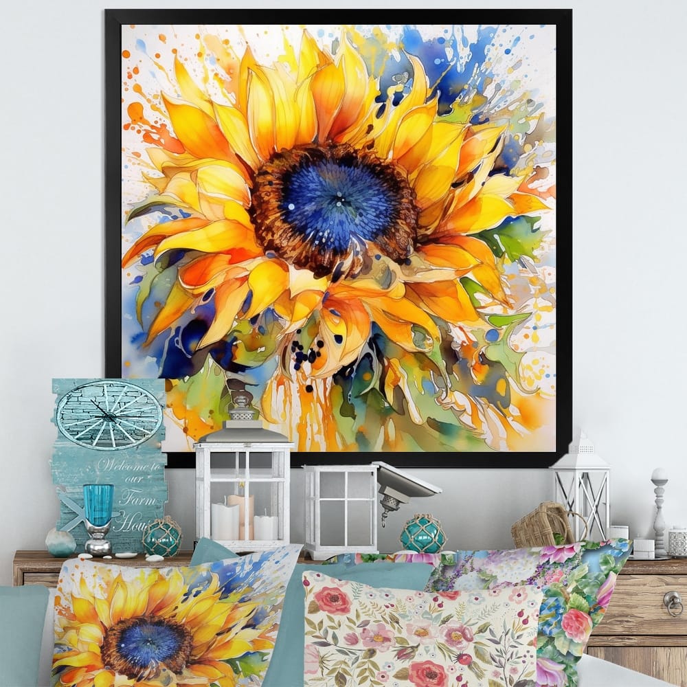Designart "Yellow Blue Golden Cheerful Sunflowers" Sunflowers Framed Canvas Wall Art