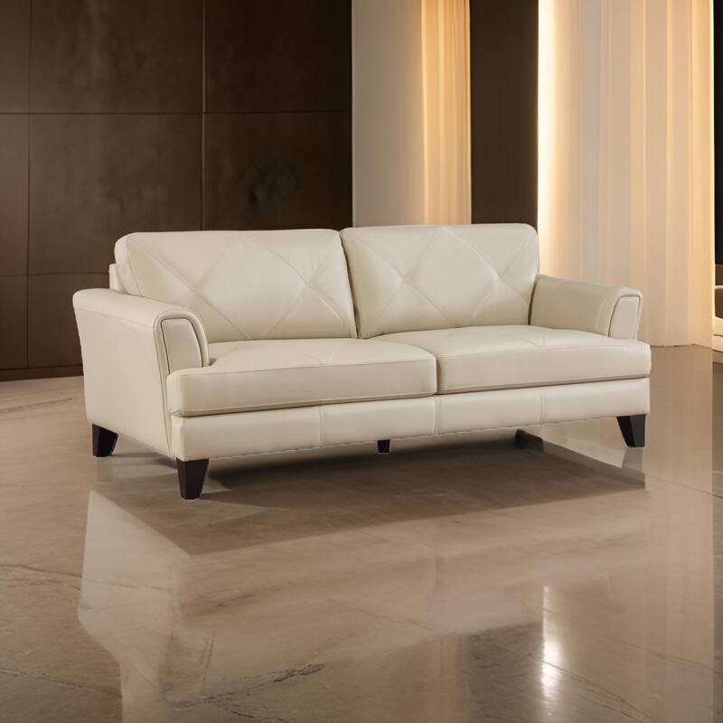 Lisa 88 Inch Sofa, Cream Top Grain and Split Leather, Brown Solid Wood