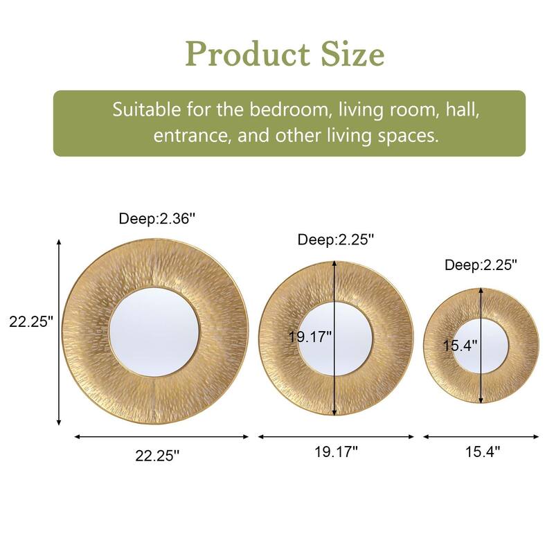 3-Piece Gold Metal Round Wall Mirror Set - 22.25" Diameter x 2.36" D