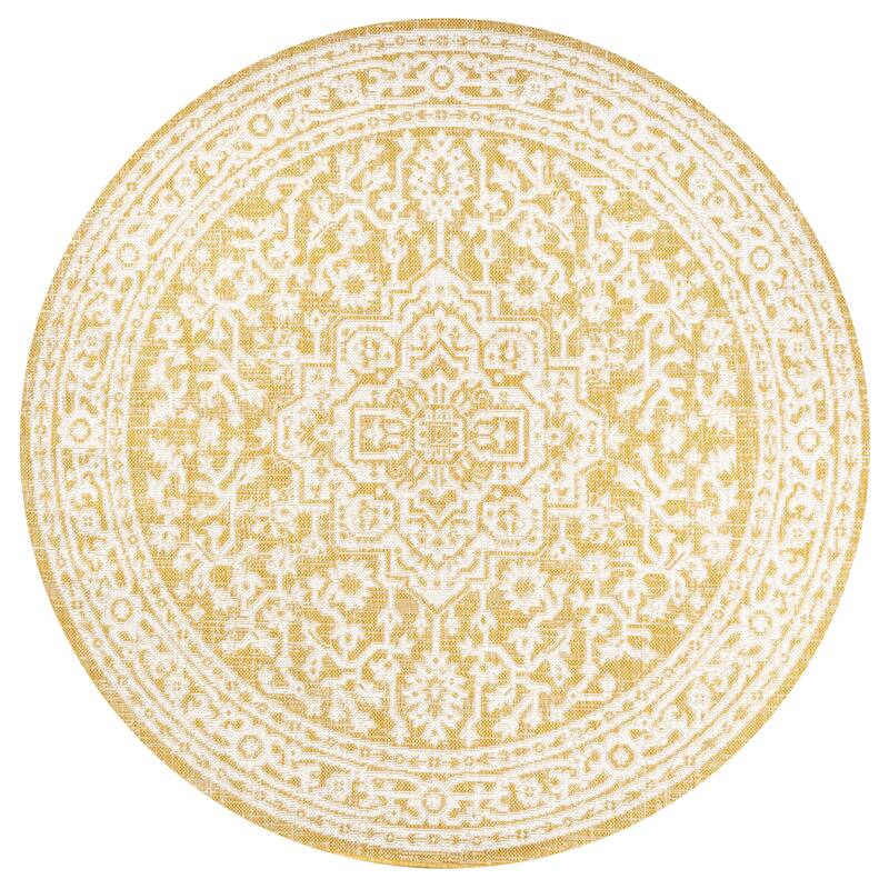 JONATHAN Y Rozetta Medallion Textured Weave Indoor/Outdoor Area Rug - 5' Round - Yellow/Cream