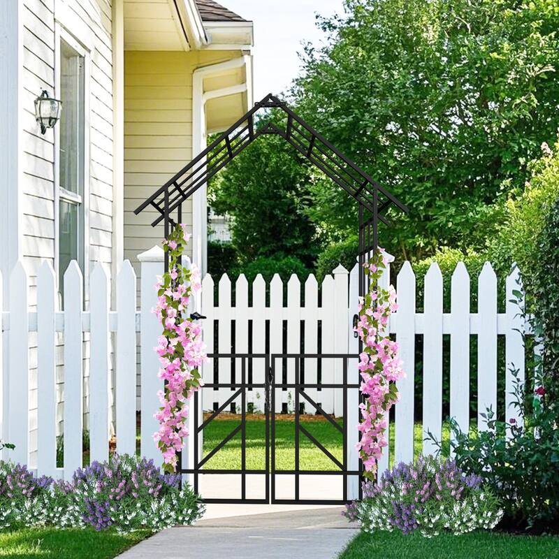 Metal Garden Arch with Gate W58.07*H97.24 Climbing Plants Support Rose Arch Outdoor