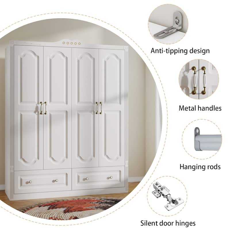 White Wardrobe Closet with 2 Drawers - Modern Storage Cabinet