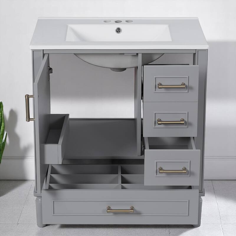 30" Bathroom Vanity with Sink, Freestanding Storage Cabinet with 3 Drawers, Soft-Close Door, Ceramic Basin,Bathroom Cabinet