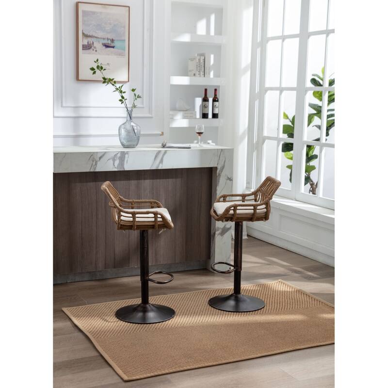 Swivel Bar Stools Set of 2, Adjustable Counter Height Rattan Bar Chairs with Footrest for Kitchen, Dining Room