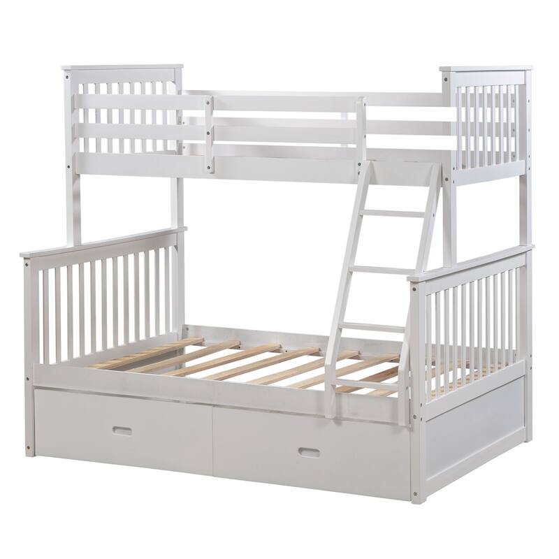 White Twin Over Full Bunk Bed with Storage Drawers, Ladder and Safety Rails