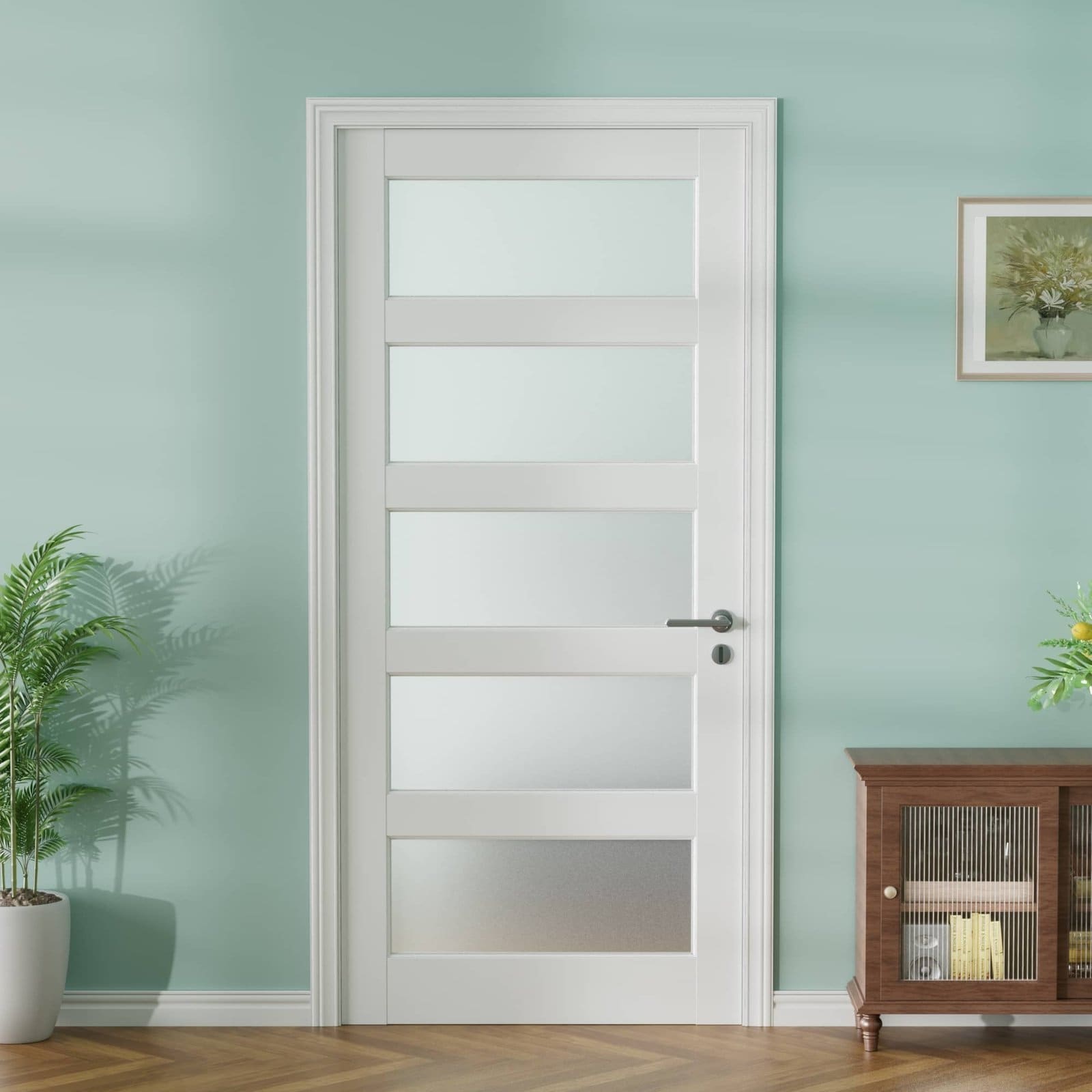 80"H 5 Lite White Primed Frosted Tempered Glass French Interior Slab Door Panel Pantry Door