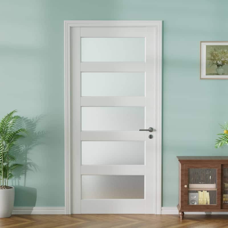 80"H 5 Lite White Primed Frosted Tempered Glass French Interior Slab Door Panel Pantry Door - 30X80