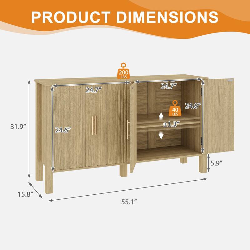 EROMMY Modern Fluted Sideboard Buffet Cabinet, Solid Wood Console Table with Adjustable Shelves for Living Room, Dining Room