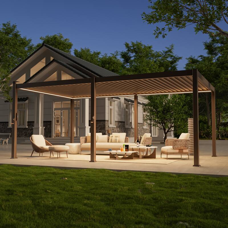 LIVOOSUN Outdoor Detachable Control Panel LED Equipped Pergola, Solar and USB Charging Options, Brown - 12' x 20'