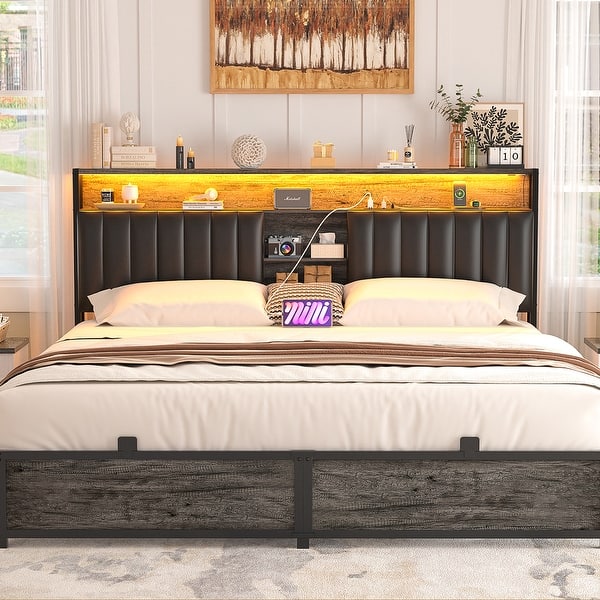 slide 2 of 69, Upholstered Bed Frame with Storage Shelving, Platform Beds with Charge Station and LED Lights