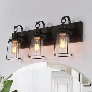 Farmhouse 3-Light Bronze Bathroom Vanity Lights Metal Cage Wall Sconces with Seeded Glass - 22" L x 6" W x 10" H