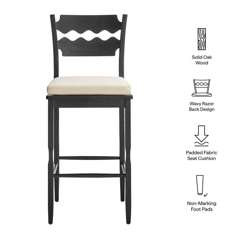 Jax Oak Wood Bar Stool With Wavy Razor Back and Cushion