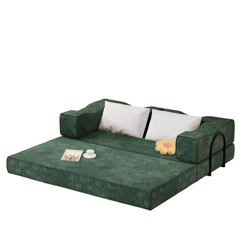 80" Convertible Couch Bed with Removable Cushions and Pillows, 3-Seat Folding Floor Couch & King Size Bed Mattress