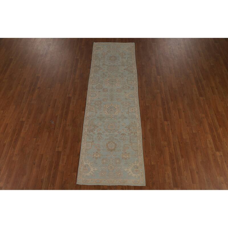 Vegetable Dye Oushak Turkish Runner Rug Handmade Blue Wool Carpet - 2'10" x 9'10"