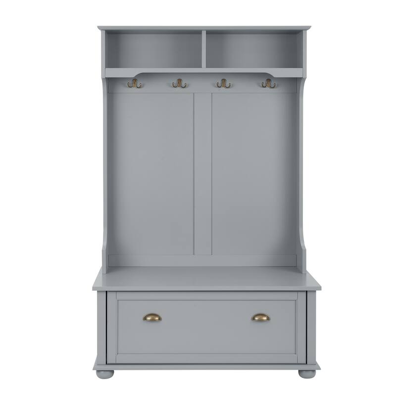 Classic Cosatal Style Hall Tree Entryway Bench with Open Shelves and Shoe Cabinets, SOLID WOOD Feet