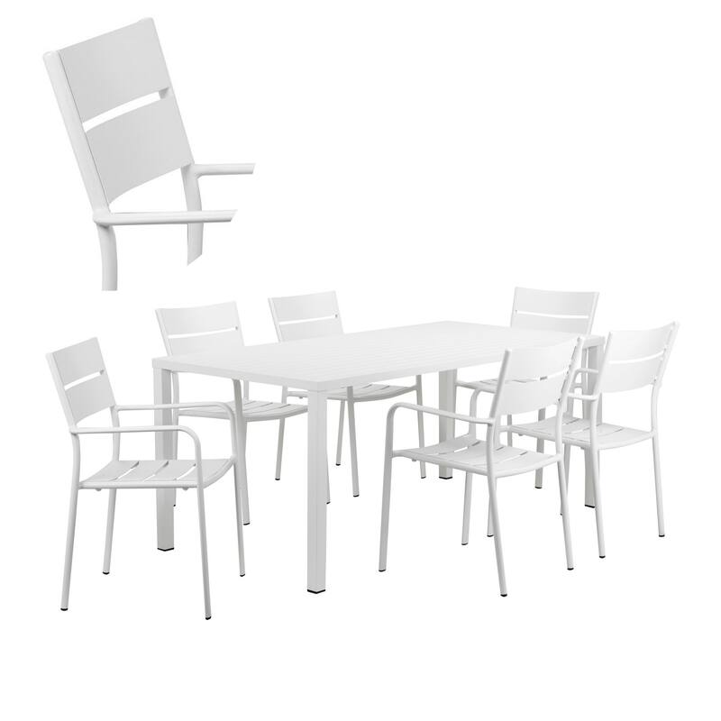 Meta 7 Piece Outdoor Dining Table, Chairs Set, White, Plank Seat and Backs