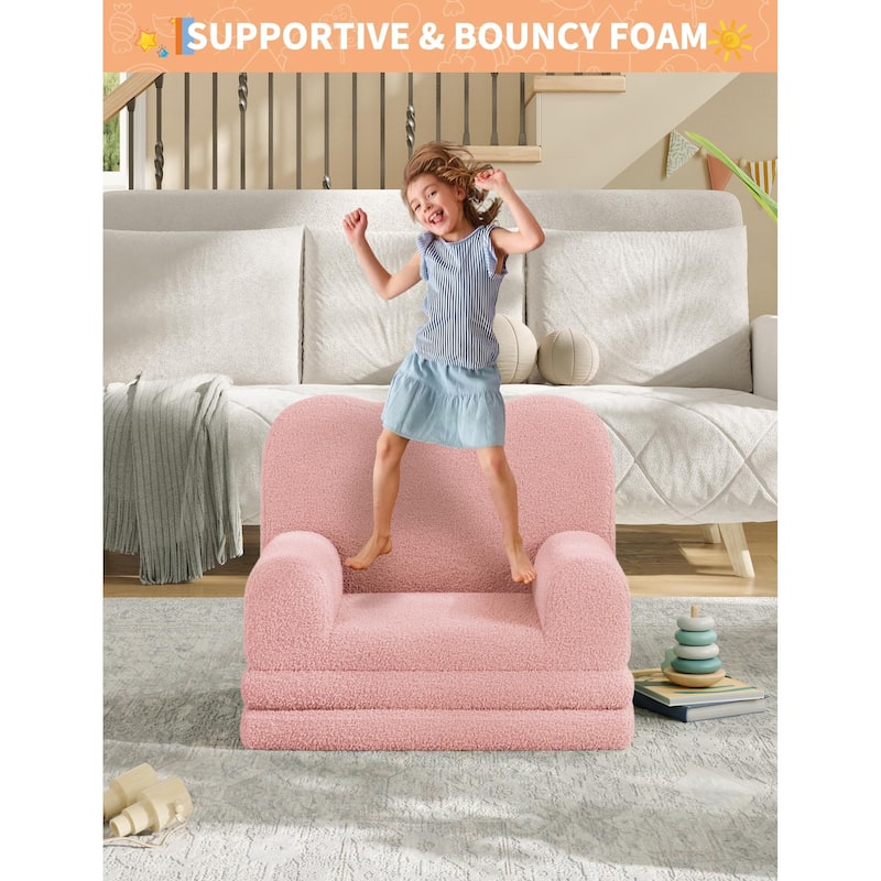 Kids Couch, 2-in-1 Convertible Teddy Fleece Fabric Toddler Sofa Chair