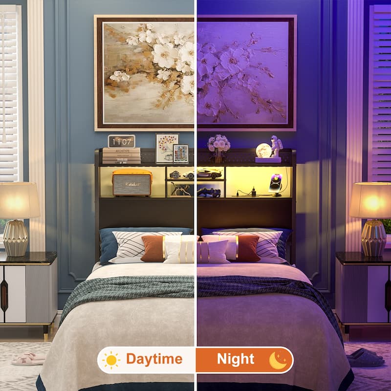 Bed Headboard with Storage Shelf and Charge Station, Height Adjustable Headboard with LED Light