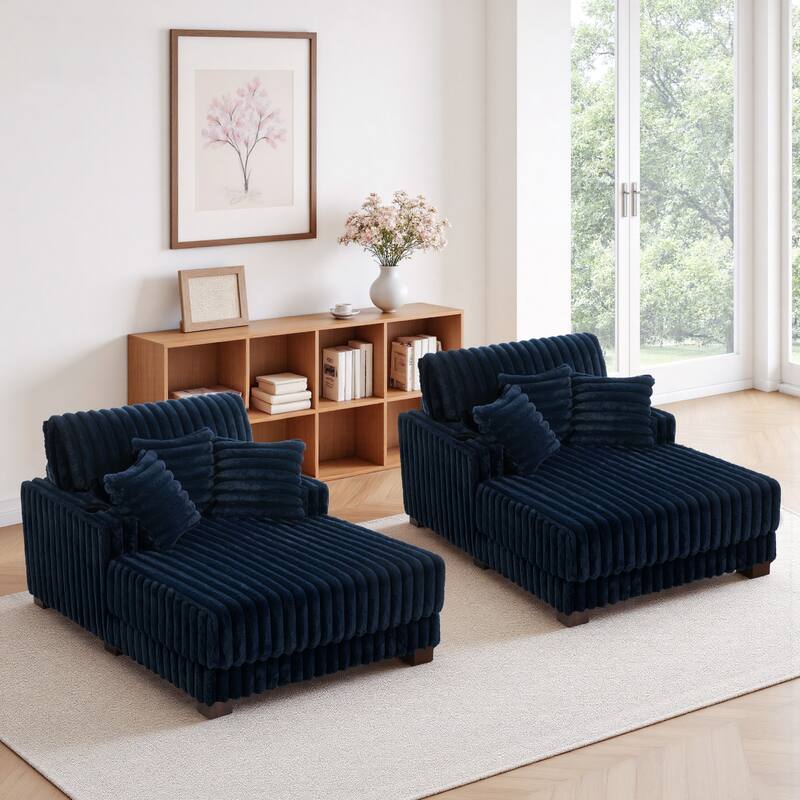 2-Piece Flannel Chaise Lounge Sofa Bed Set with Cup Holder - Navy