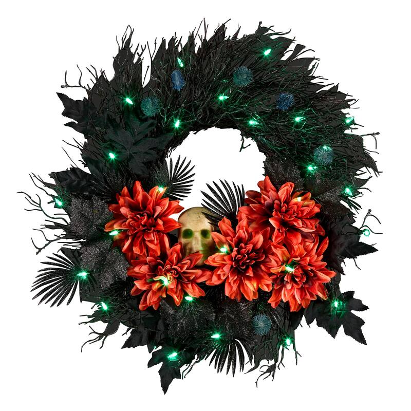 National Tree Company 24" Artificial Boo-tiful Halloween Wreath with Orange Florals and White Skull, 30 Green LED Lights - 2 ft