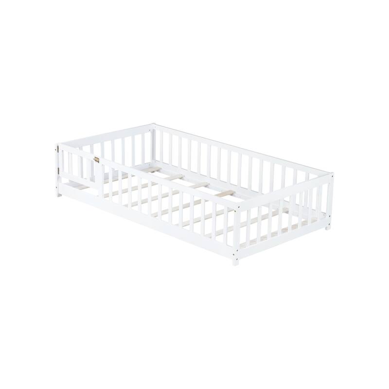 Twin Size Floor Bed with Fence and Door,Rubber Wood Floor Bed with Safety Guardrails