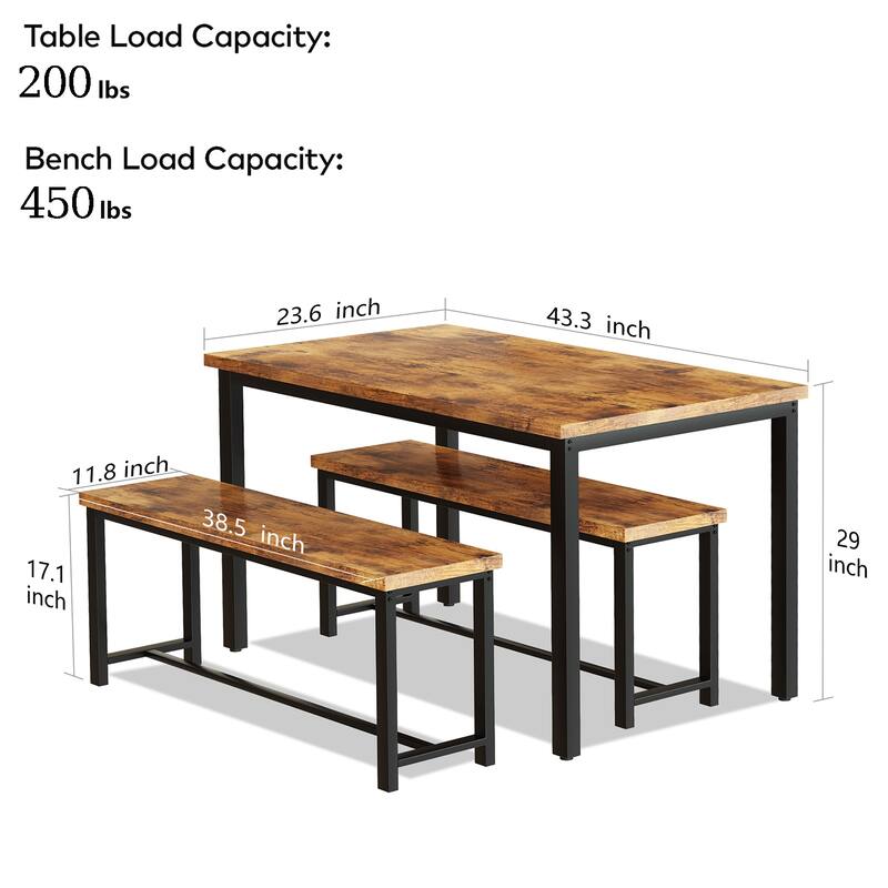 Mieres Vintage Industrial Style 3 Piece Dining Table with 2 Benches Set, Space Saving Kitchen Dining Room Bar Table Set