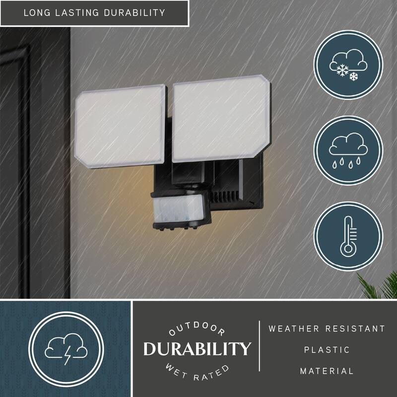 VAXCEL 2-Head Black Motion Sensor Dusk to Dawn Outdoor Security Flood Light with GFCI Outlet , Adjustable LED Heads