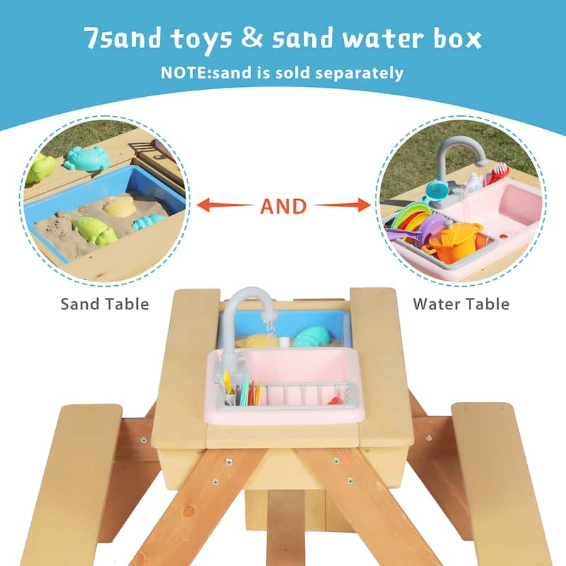 Anmytek Wooden Kids Picnic Table with Umbrella and 3 in 1 Sand and Water Activity Play Table for Outdoor Backyard Patio