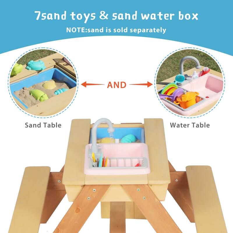 Wooden Kids Picnic Table, Sand and Water Table with Umbrella, Activity Table for Outdoor Backyard Patio Play
