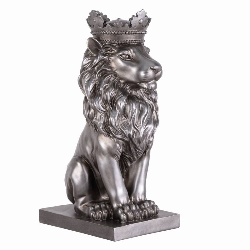 Solid Sitting Lion with Crown Statue - 14.5" - Silver