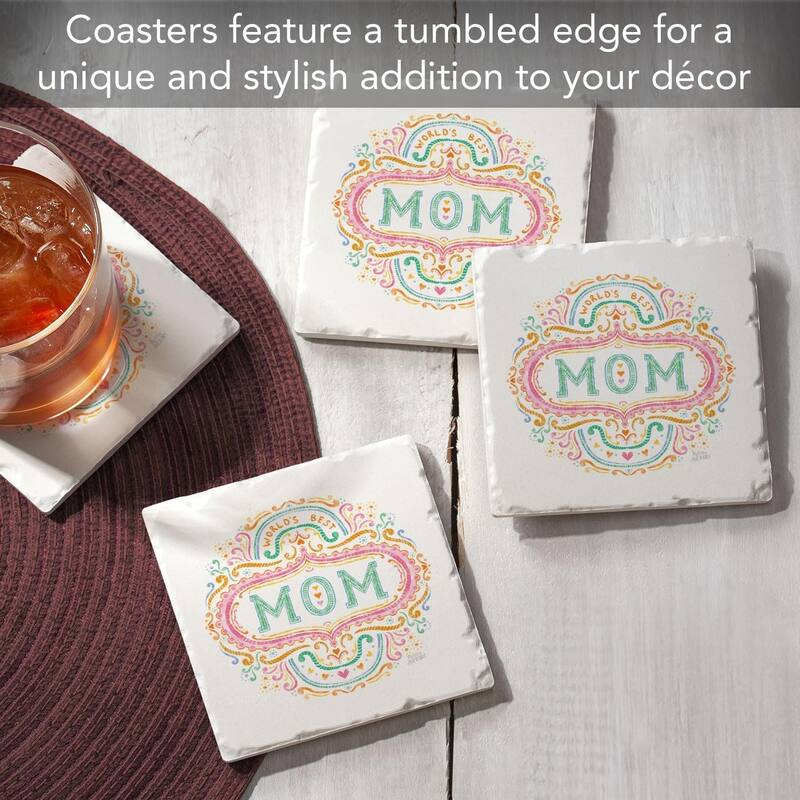 Mom 4-Pack Tumbled Tile Stone Coasters with Protective Cork Backing Manufactured in The USA