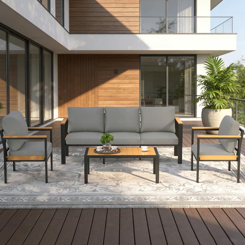4/5/7-Piece Patio Conversation Set with Table, All-Weather Aluminum Furniture for Outdoor Living - Gray/Black - Set 4A - Grey