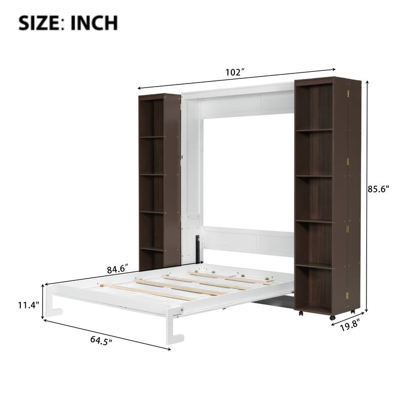 Queen Murphy Bed with Storage Bookcase, Space Saving Queen Foldable Wood Wall Bedframe for Guest Room, Home Office, Bedroom