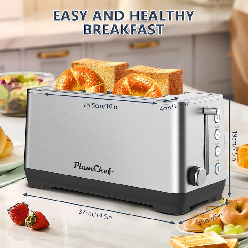 4-Slice Extra Wide Long Slot Toaster, Stainless Steel with Warming Rack, Removable Crumb Tray, 6 Browning Settings