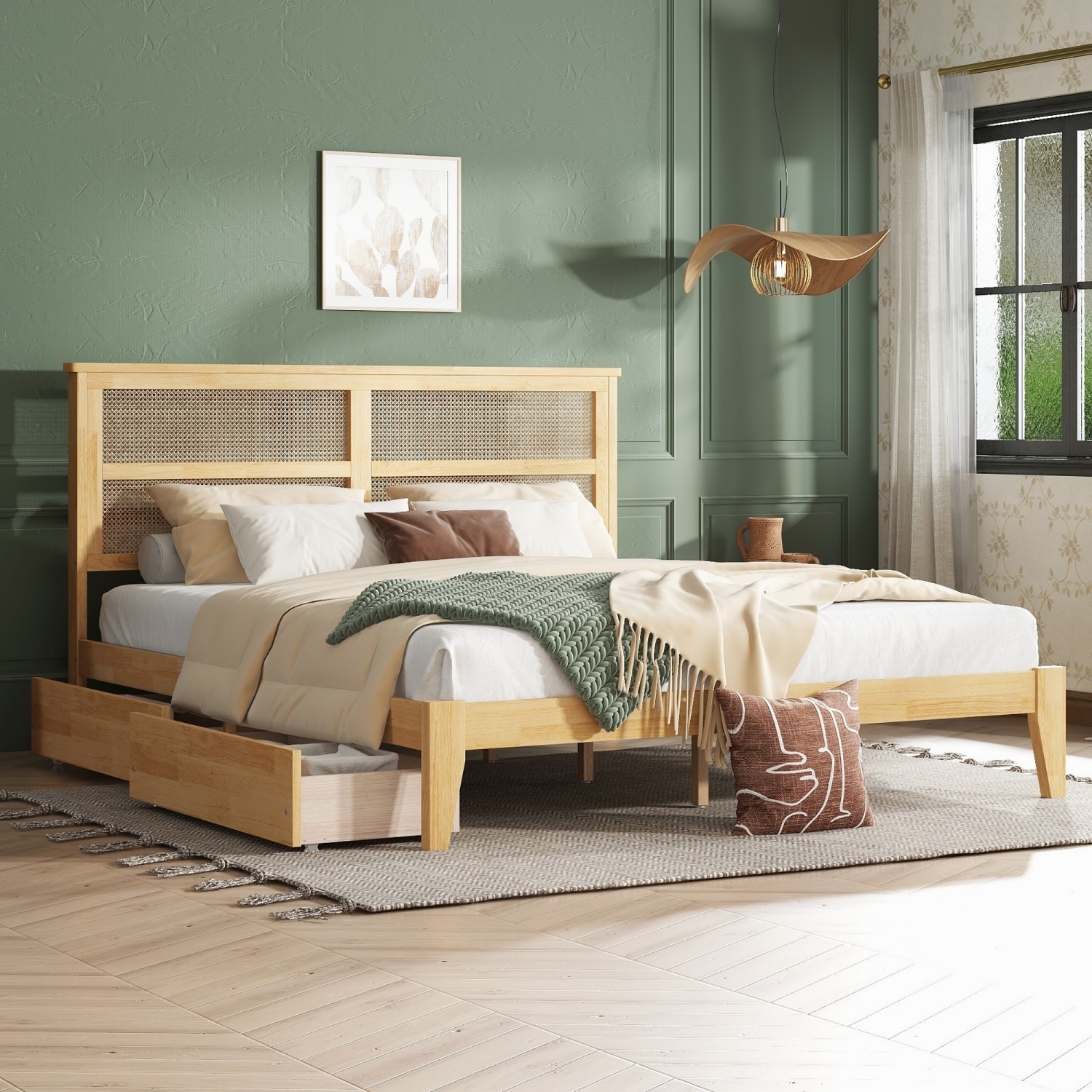 Rubber Wood Platform Bed with Rattan Headboard and Two Drawers,King/Full