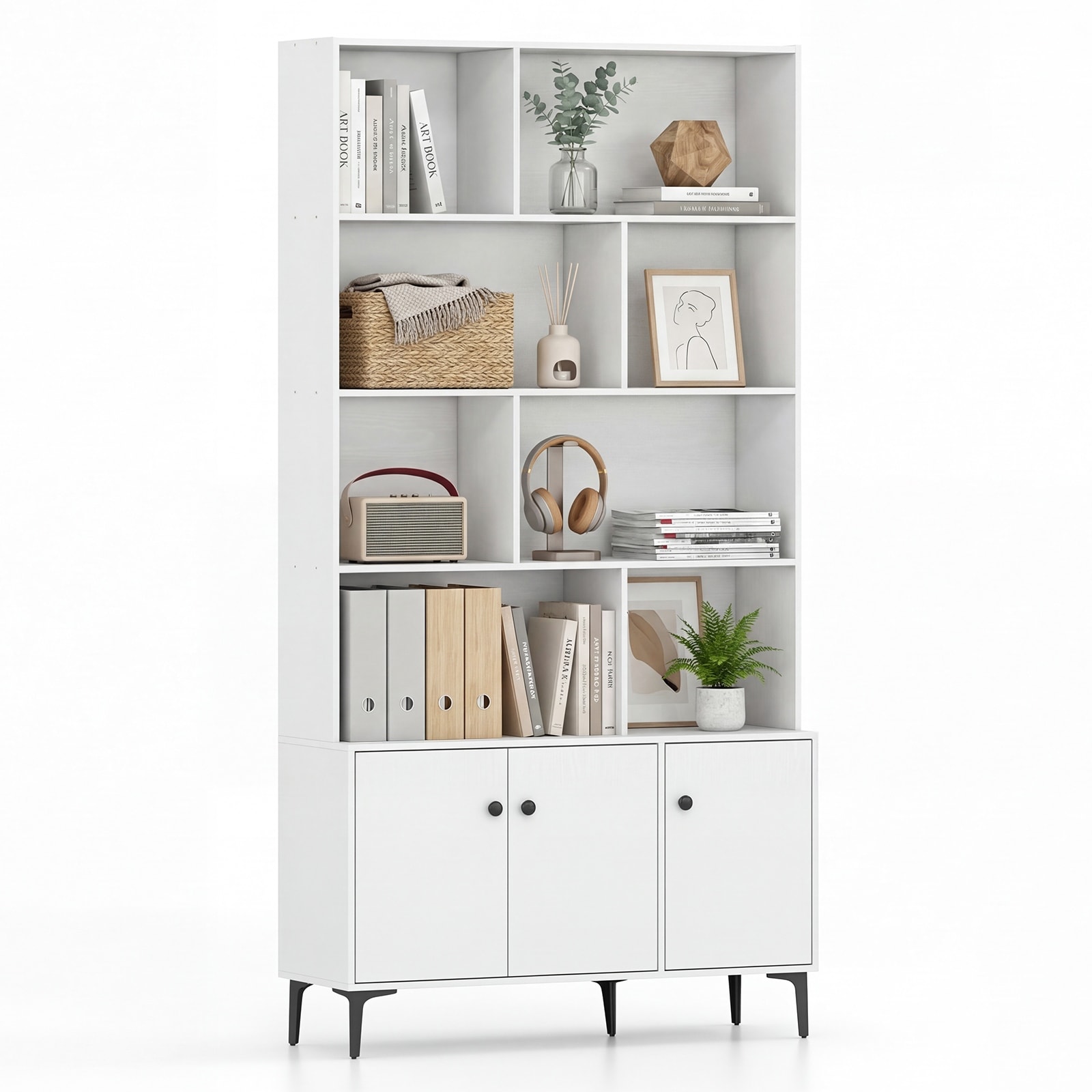 Gymax Bookshelf w/ Doors 5-Tier Floor Standing Bookcase w/ 2